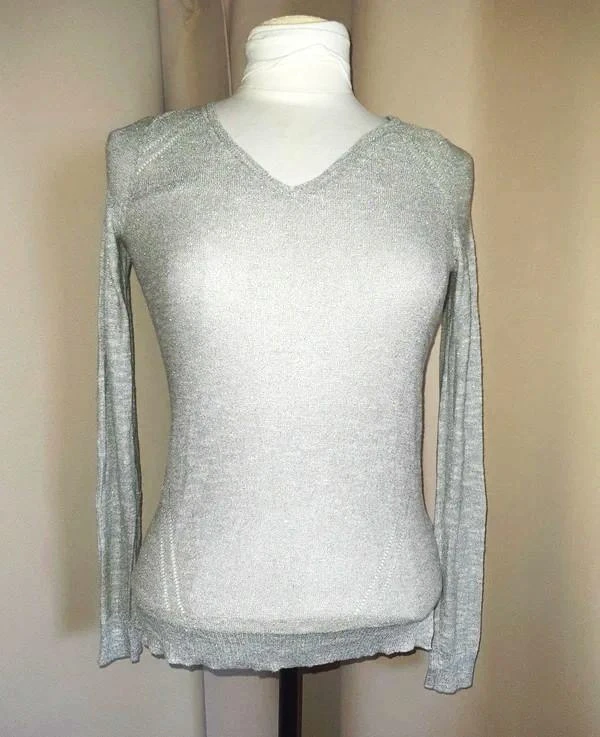 Pull fin argenté/doré à col V femme 36 - S